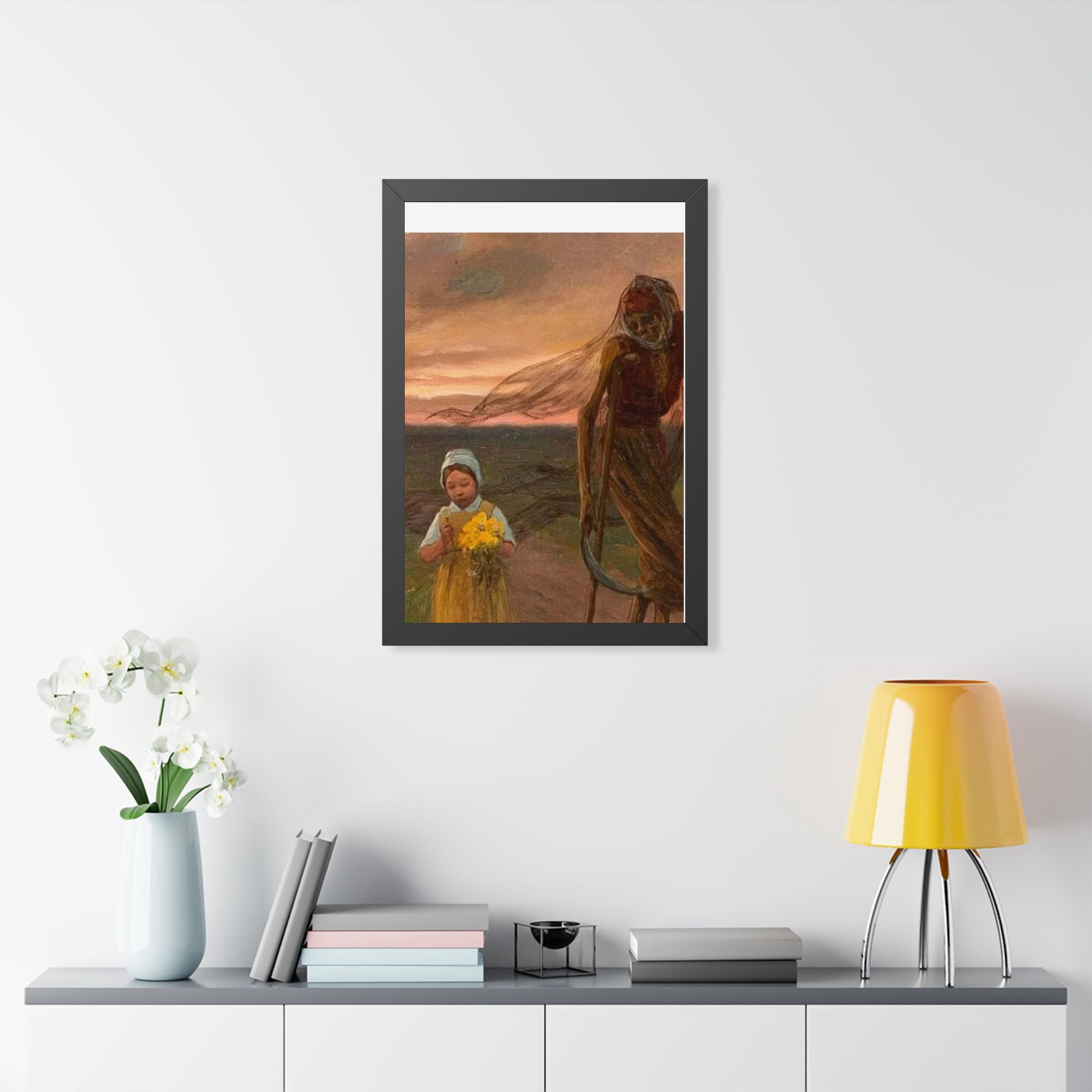 Framed Poster — Vintage Girl with Daffodils Sunset Art Print