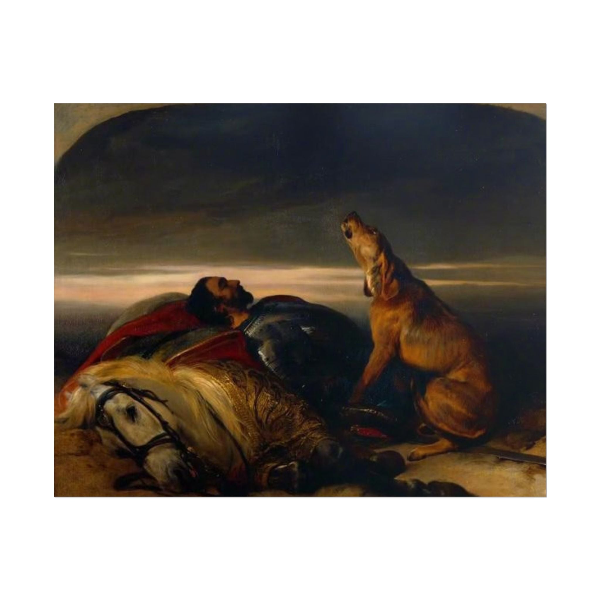 Rolled Poster — Classic Romantic Painting with Dog and Fallen Knight