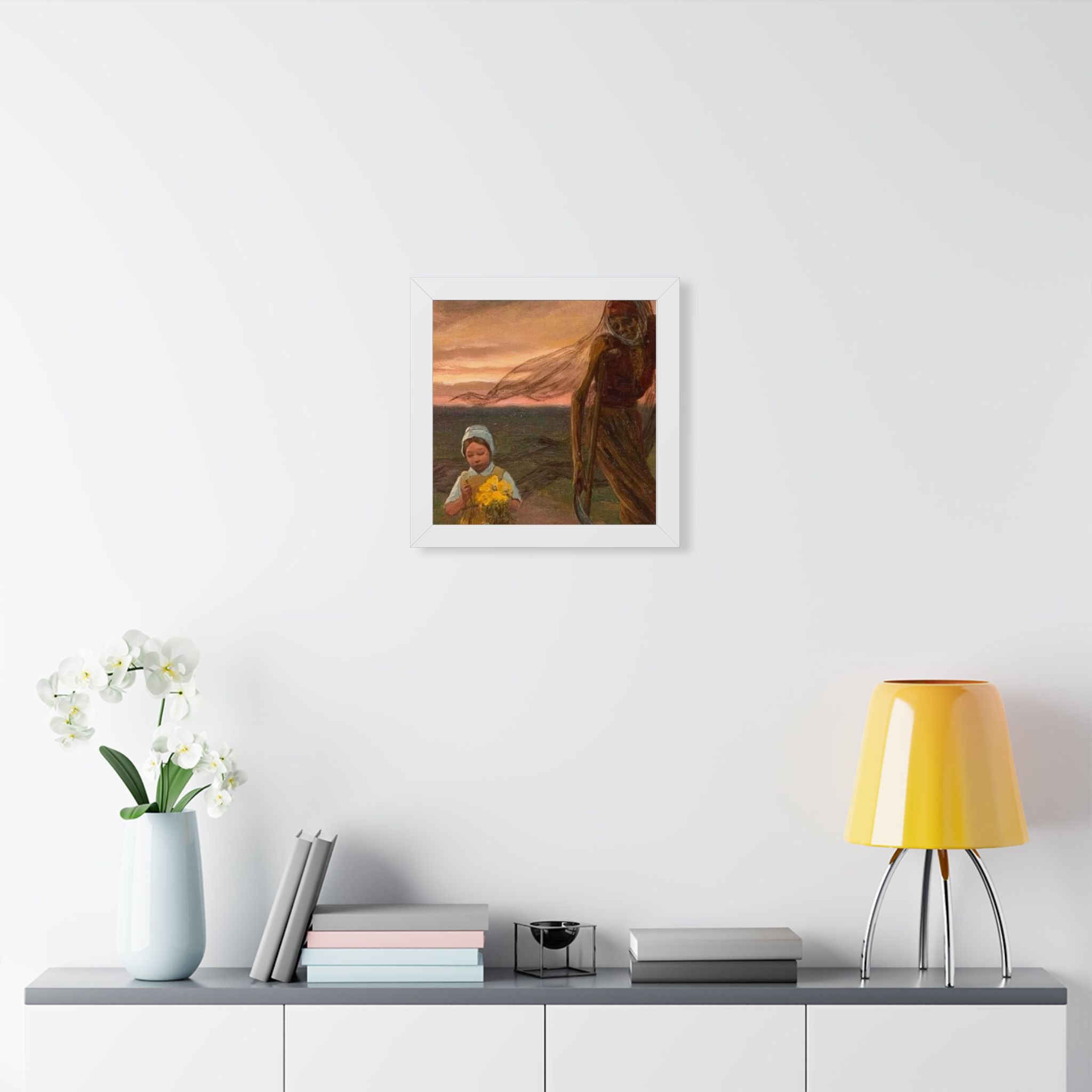 Framed Poster — Vintage Girl with Daffodils Sunset Art Print
