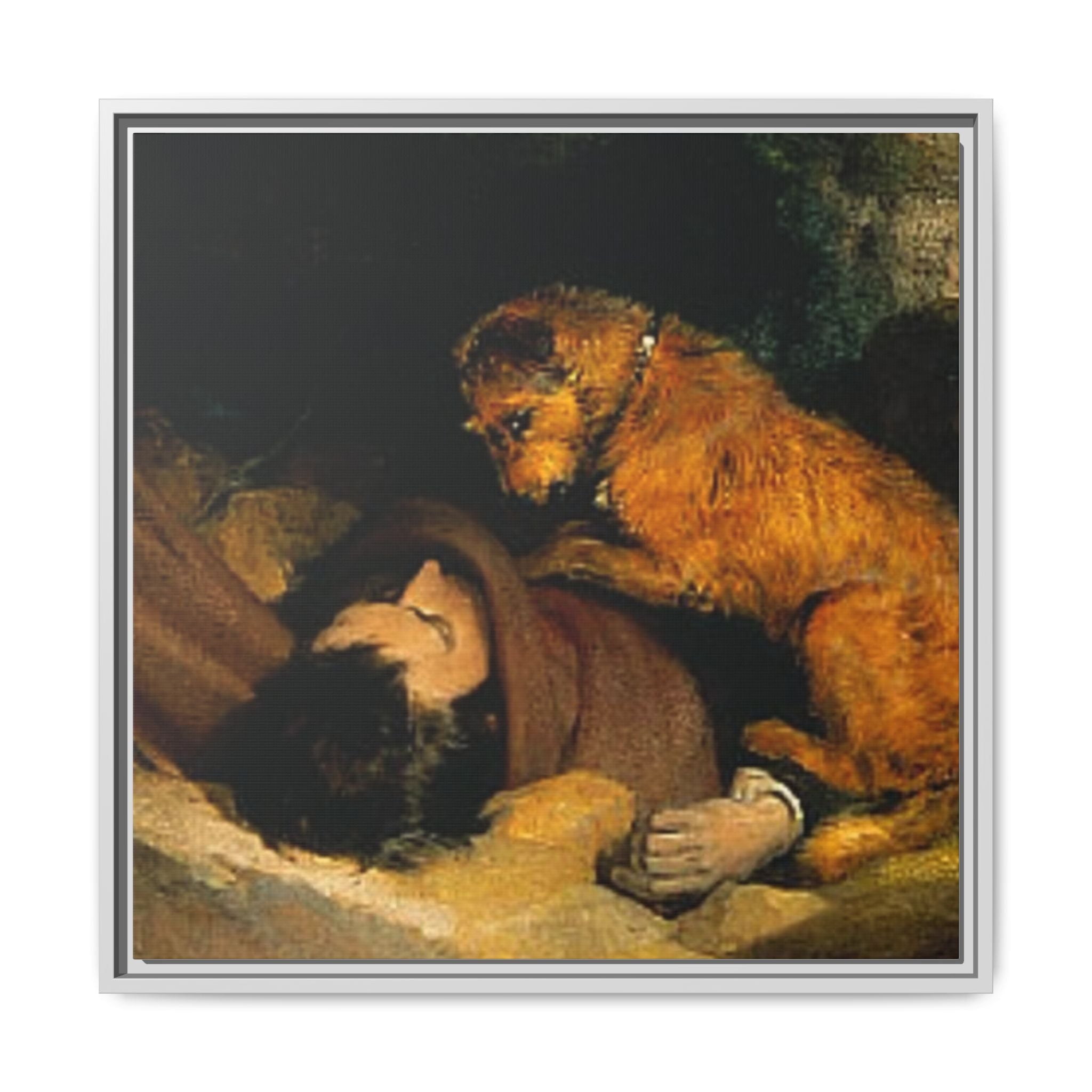 Framed Matte Canvas Print — Boy and Dog Vintage Painting