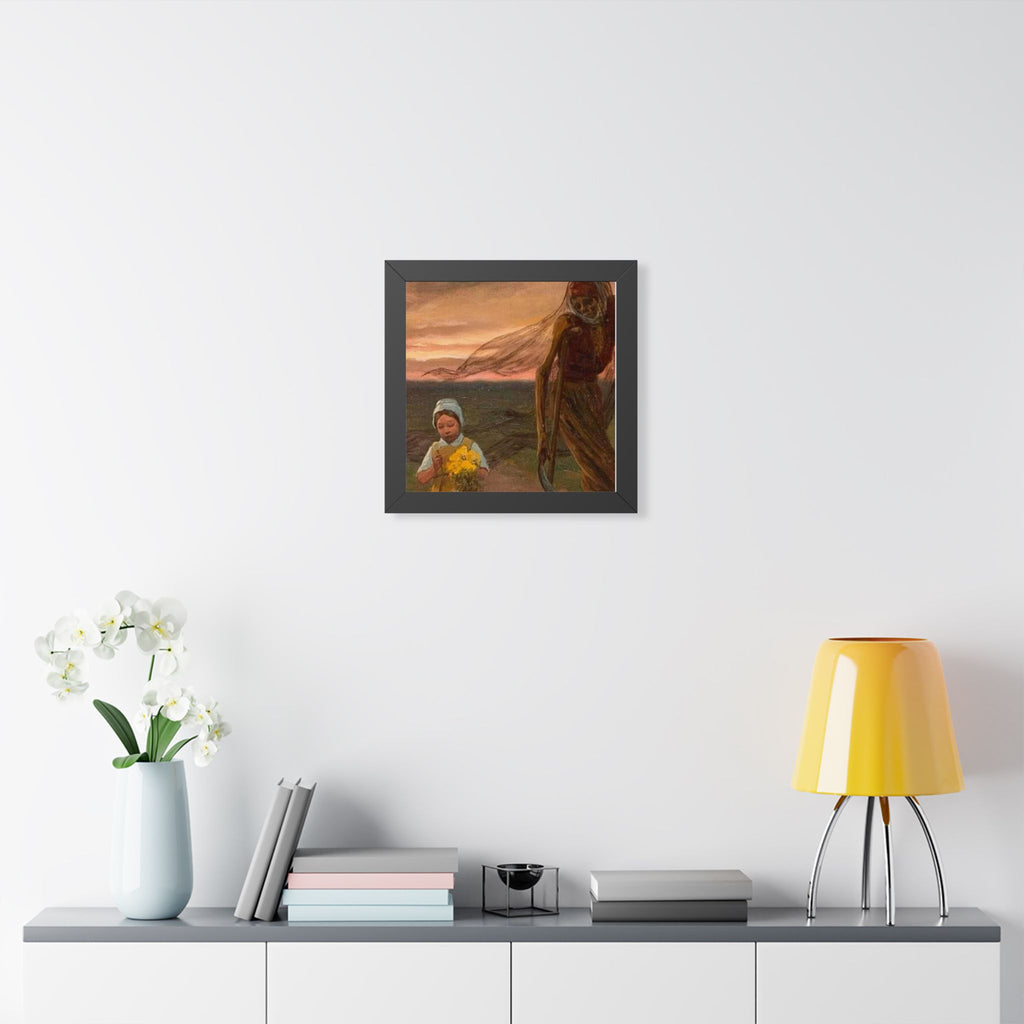 Framed Poster — Vintage Girl with Daffodils Sunset Art Print
