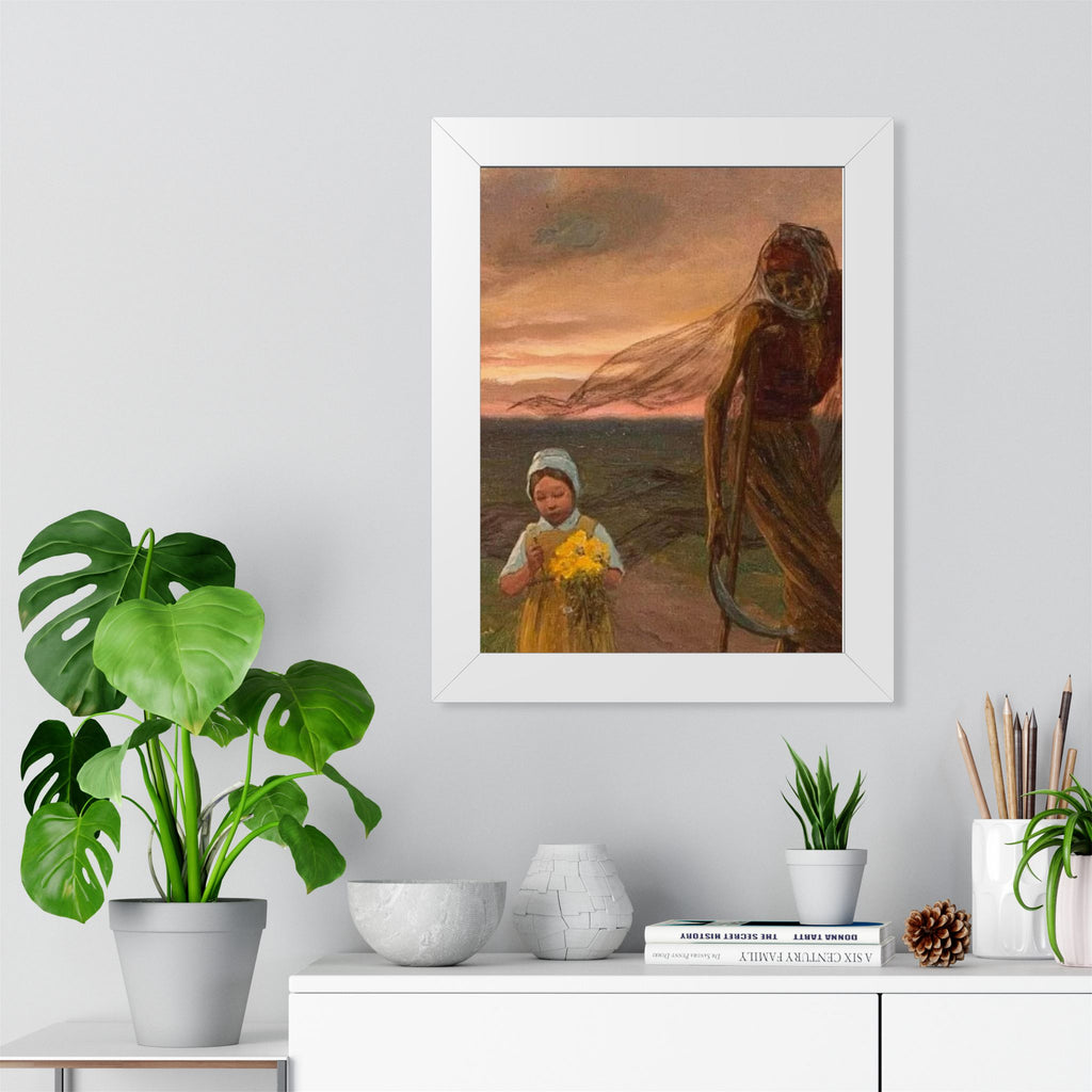 Framed Poster — Vintage Girl with Daffodils Sunset Art Print
