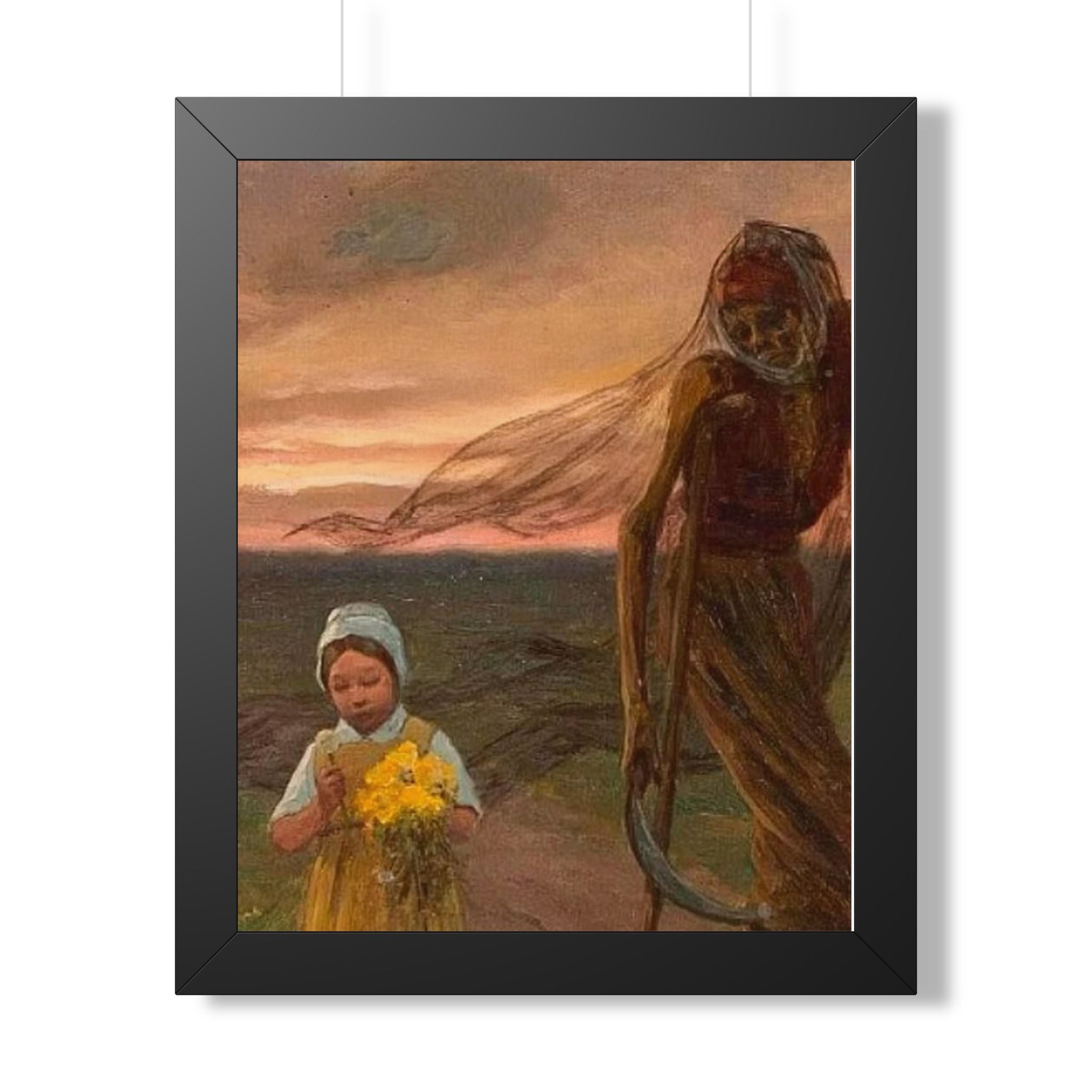 Framed Poster — Vintage Girl with Daffodils Sunset Art Print