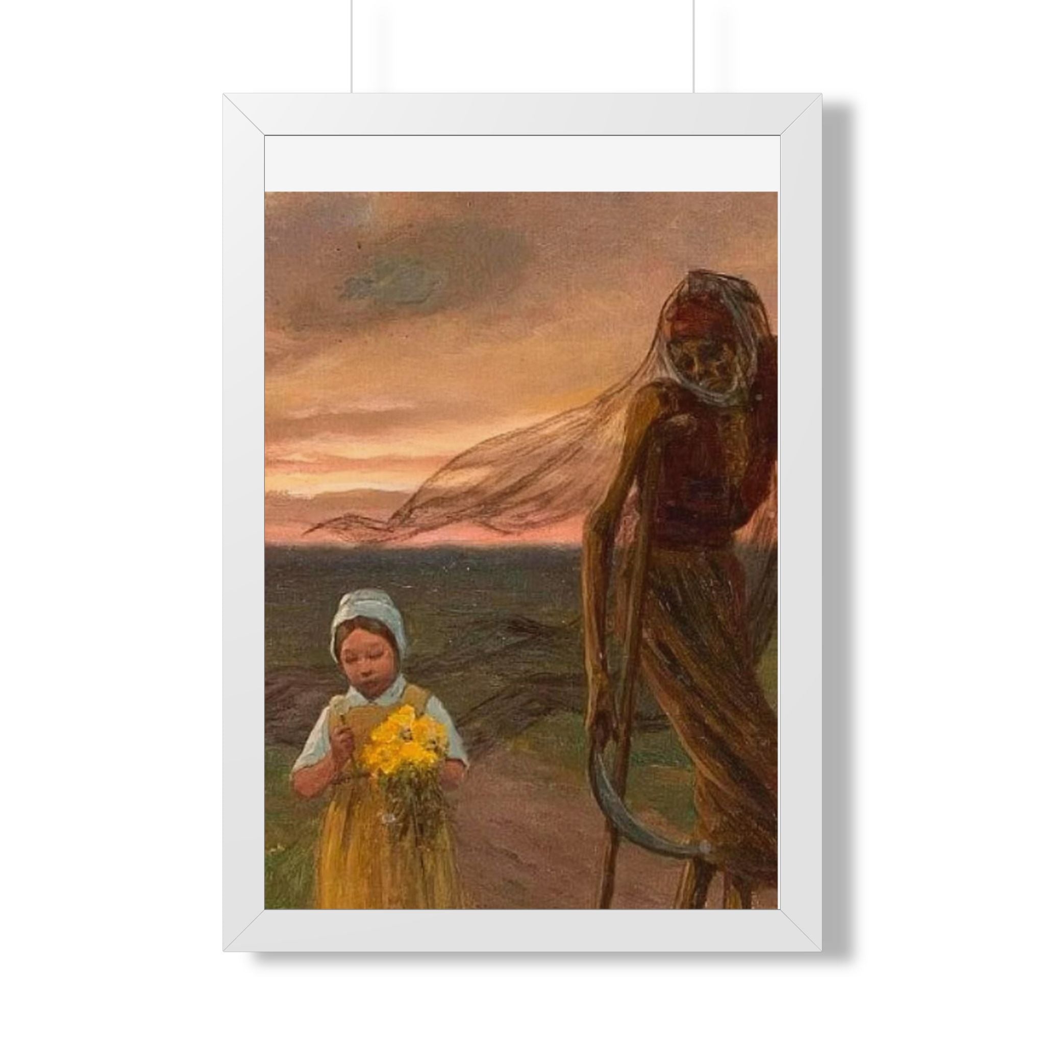 Framed Poster — Vintage Girl with Daffodils Sunset Art Print
