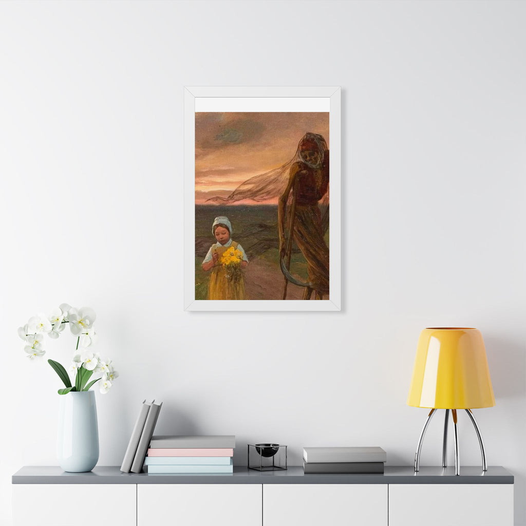 Framed Poster — Vintage Girl with Daffodils Sunset Art Print