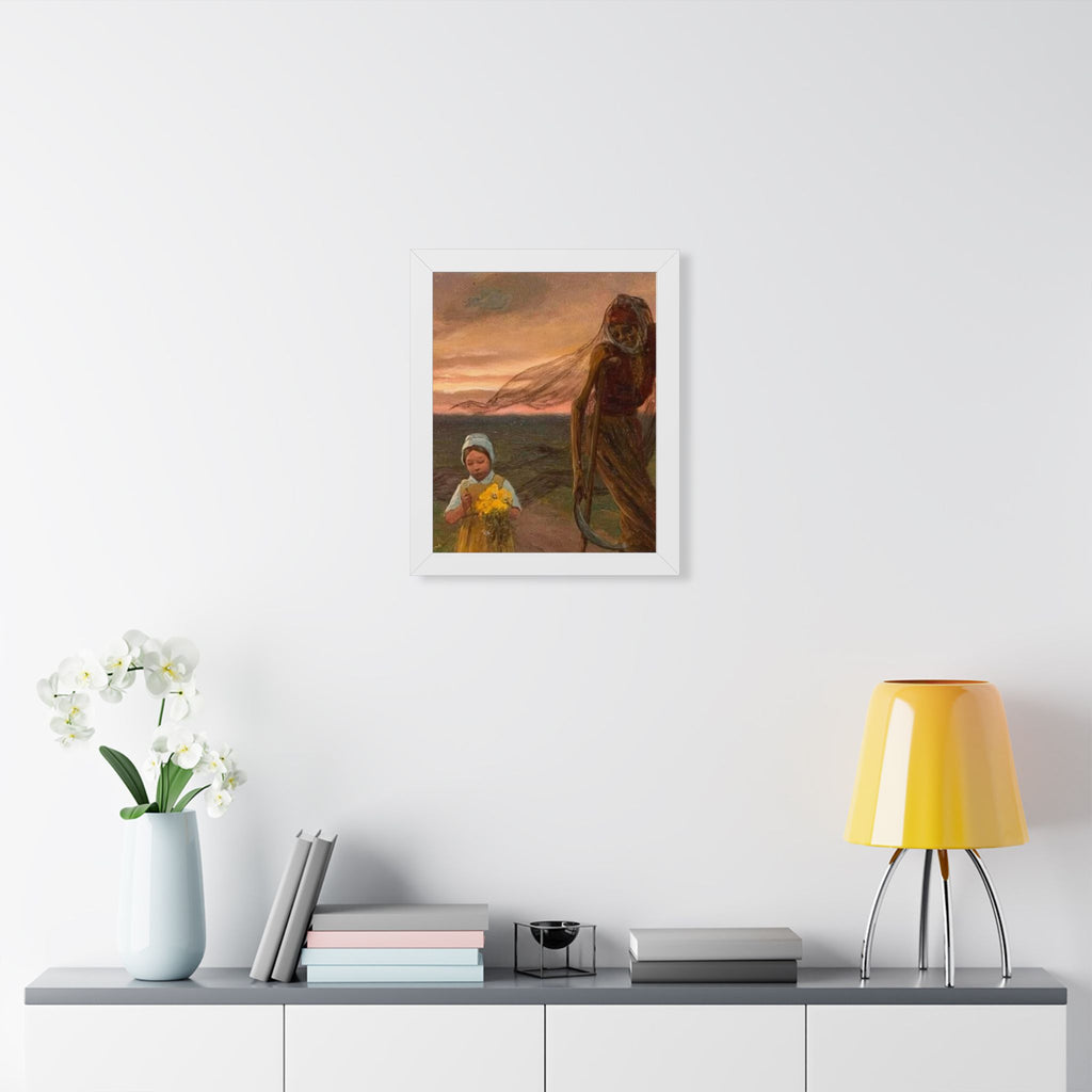 Framed Poster — Vintage Girl with Daffodils Sunset Art Print